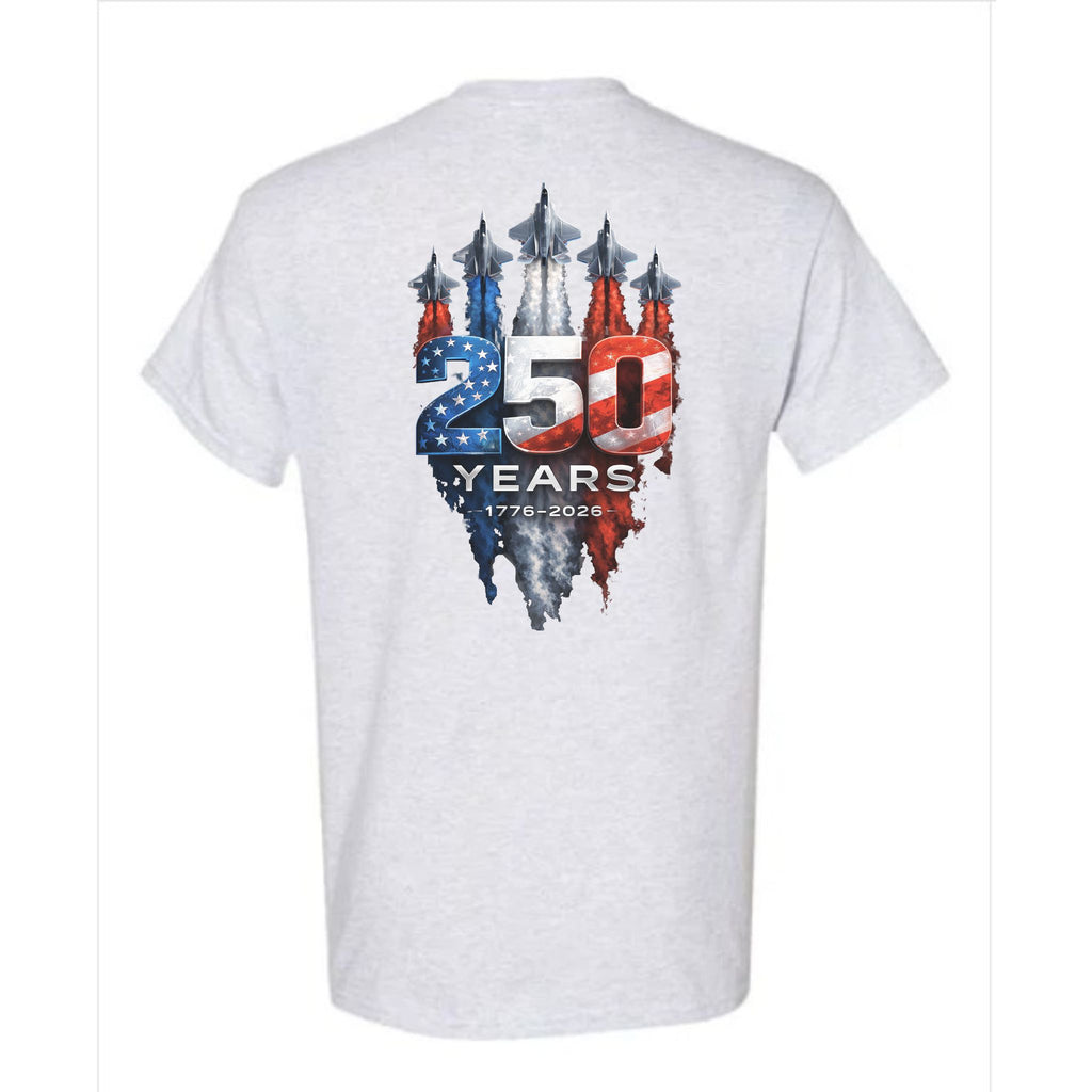 Patriotic Fighter Jets 250 Years of America 4th of July Heavy Cotton Tee