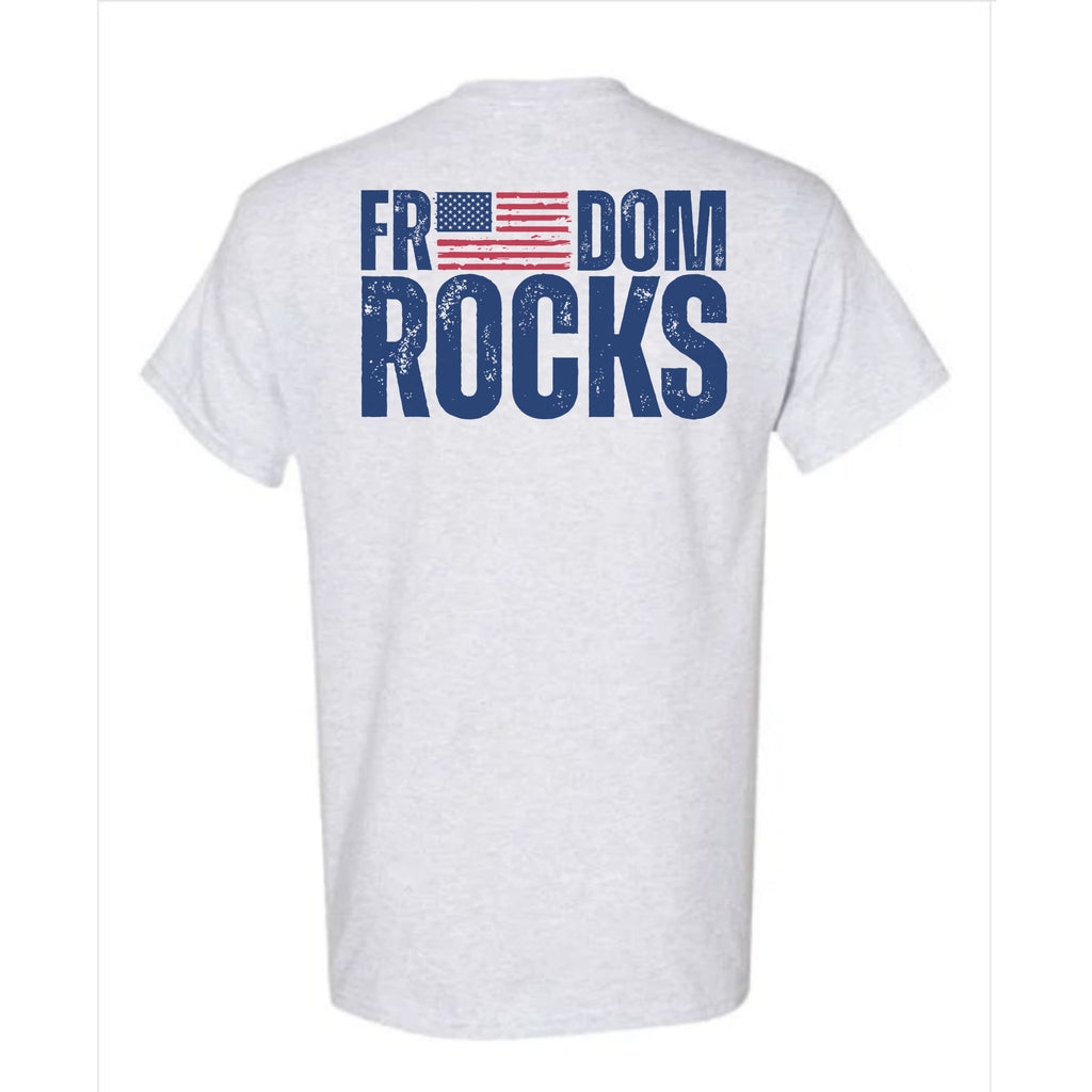White t-shirt with 'Freedom Rocks' text and American flag on a white background