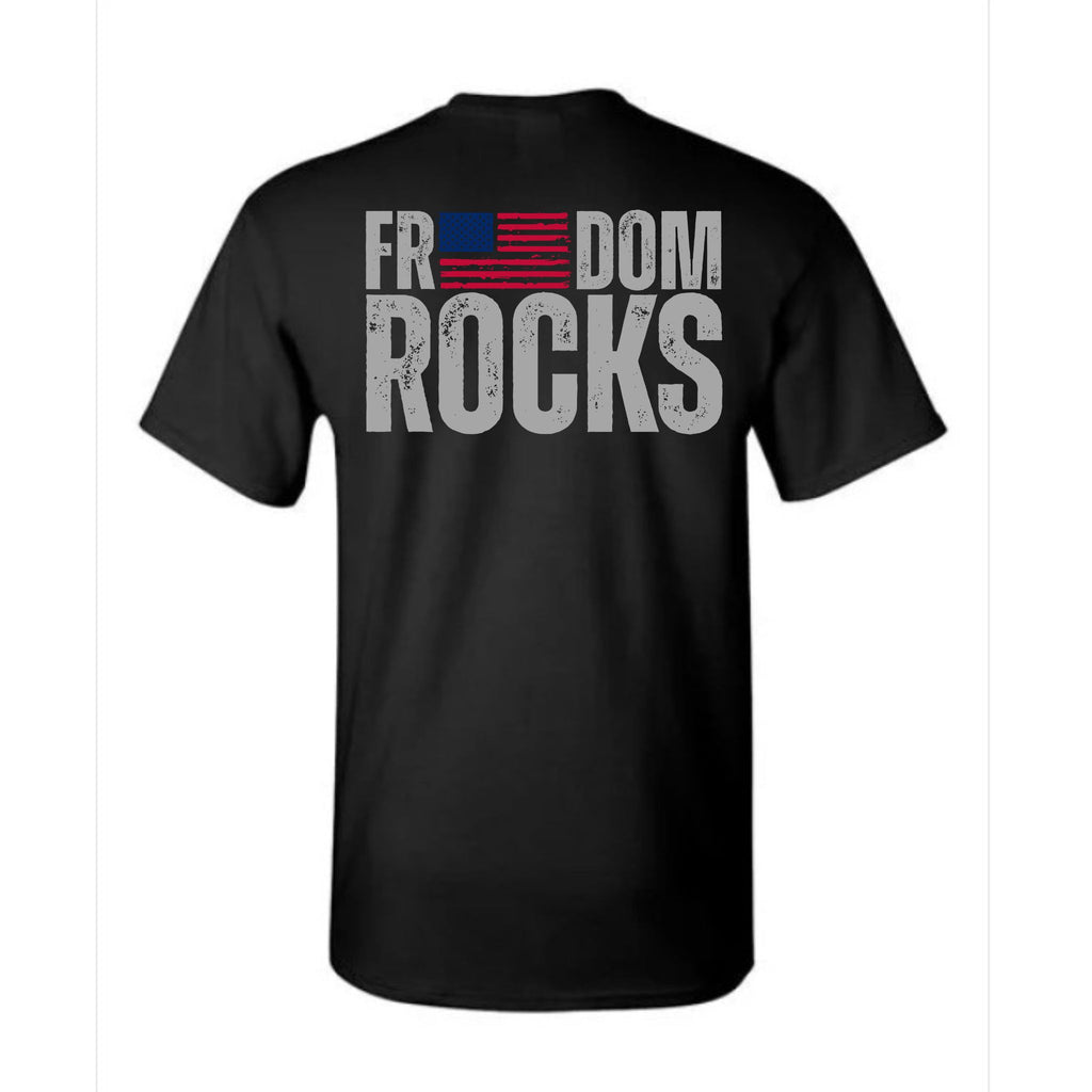 Black t-shirt with 'Freedom Rocks' text and American flag design on a white background