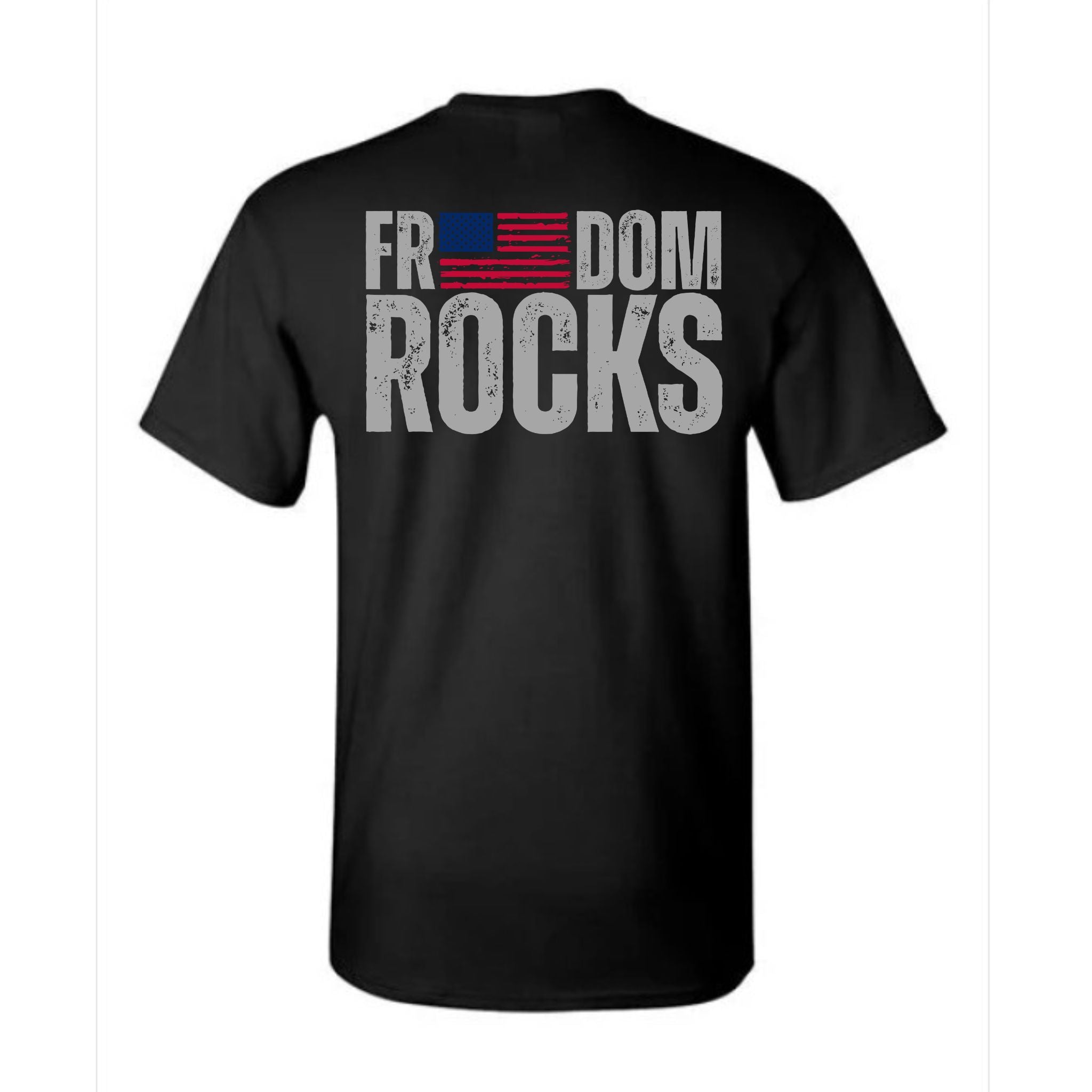 Black t-shirt with 'Freedom Rocks' text and American flag design on a white background