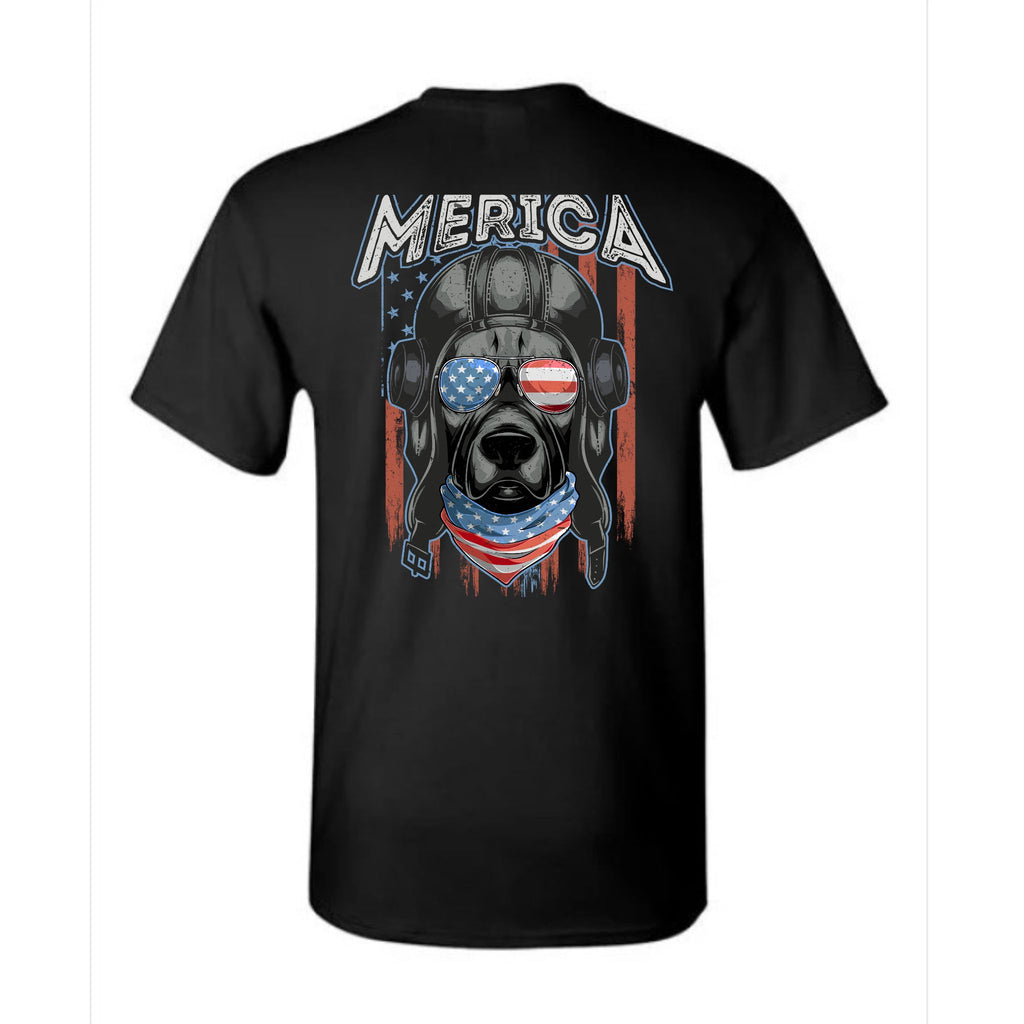 Black t-shirt with a graphic of a dog wearing an American flag bandana and goggles, with 'MERICA' text on a white background.