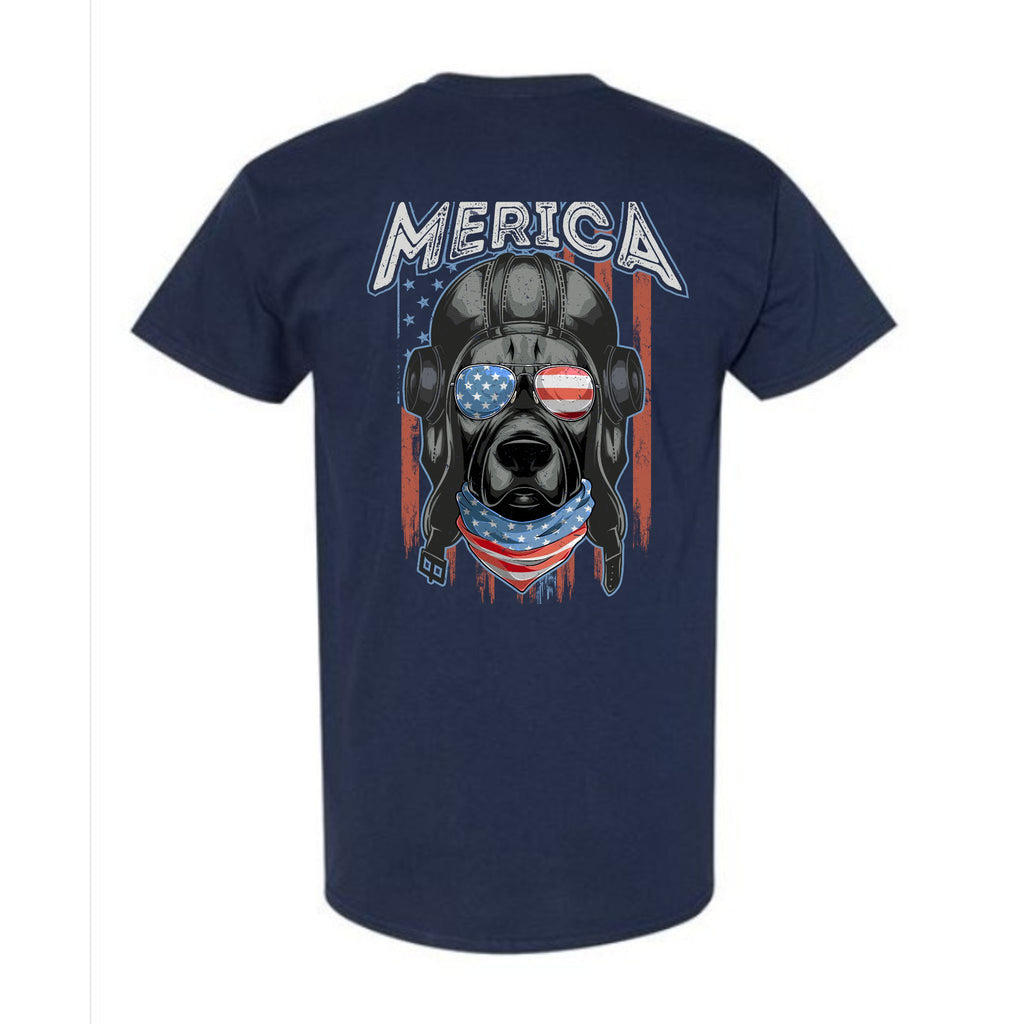 Navy blue t-shirt with a graphic of a dog wearing American flag sunglasses and 'MERICA' text on a white background