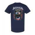 Navy blue t-shirt with a graphic of a dog wearing American flag sunglasses and 'MERICA' text on a white background
