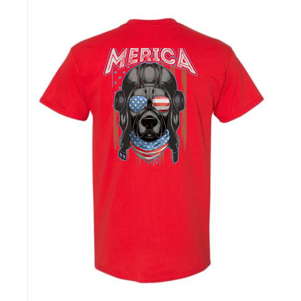 Red t-shirt with a graphic of a dog wearing a helmet and American flag bandana, and the word 'MERICA' on the back.
