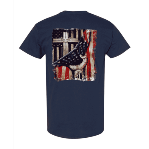 Navy blue t-shirt with a graphic of an American flag and horse on the back against a white background