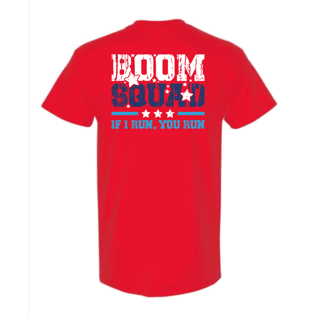 Red t-shirt with 'Boom Squad' text on the back against a white background