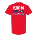 Red t-shirt with 'Boom Squad' text on the back against a white background