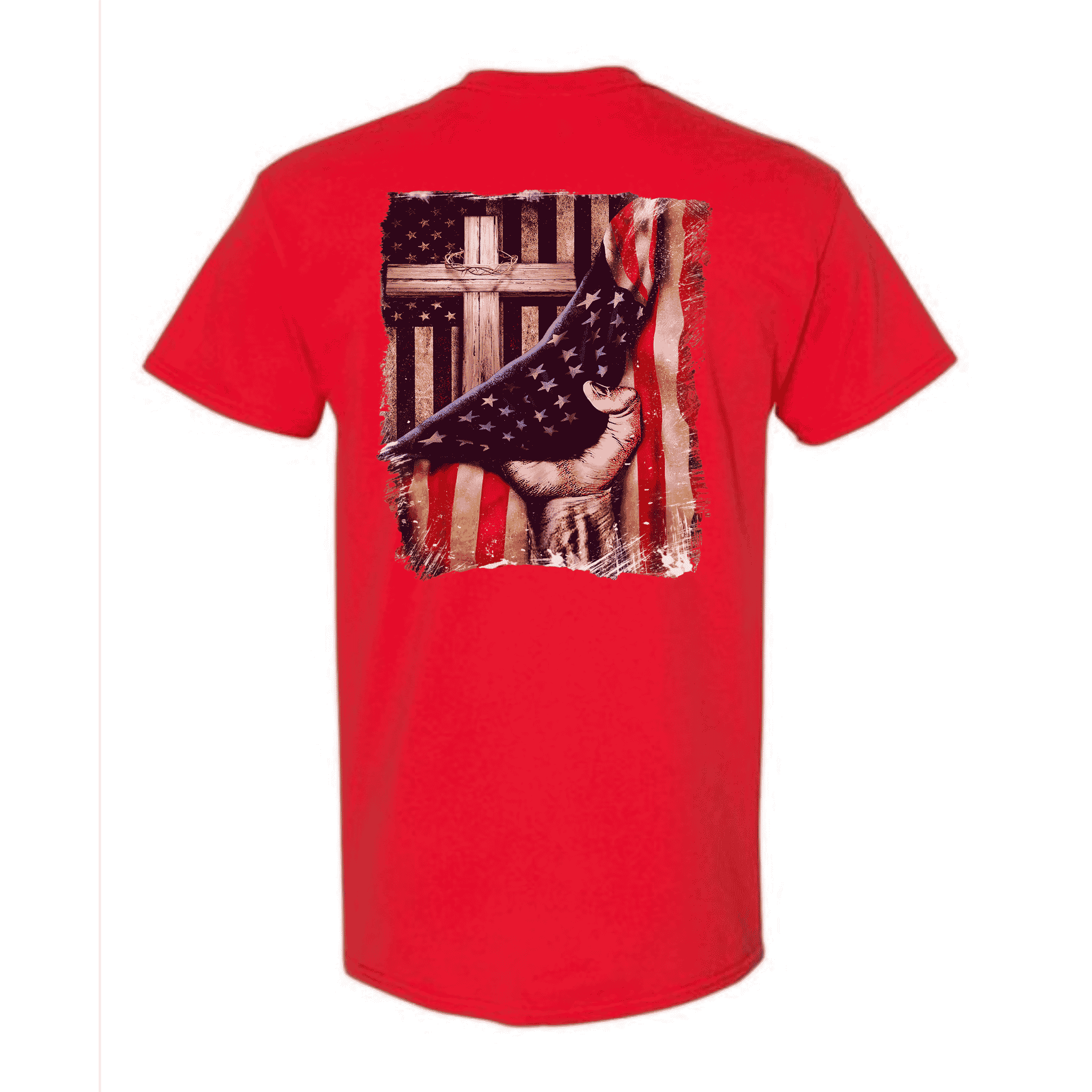 Red t-shirt with a graphic design on the back featuring an American flag and a cross.