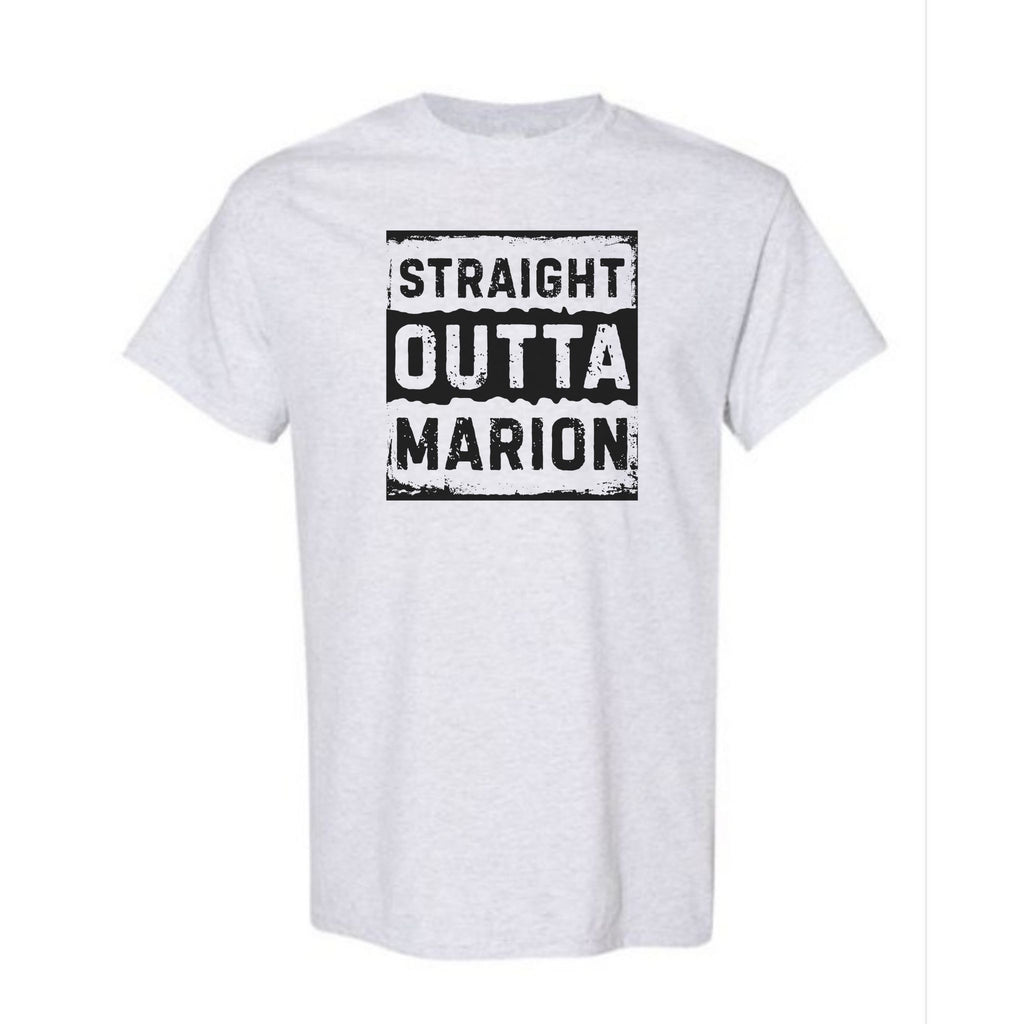 Ash Grey t-shirt with 'Straight Outta Marion' text on a white background