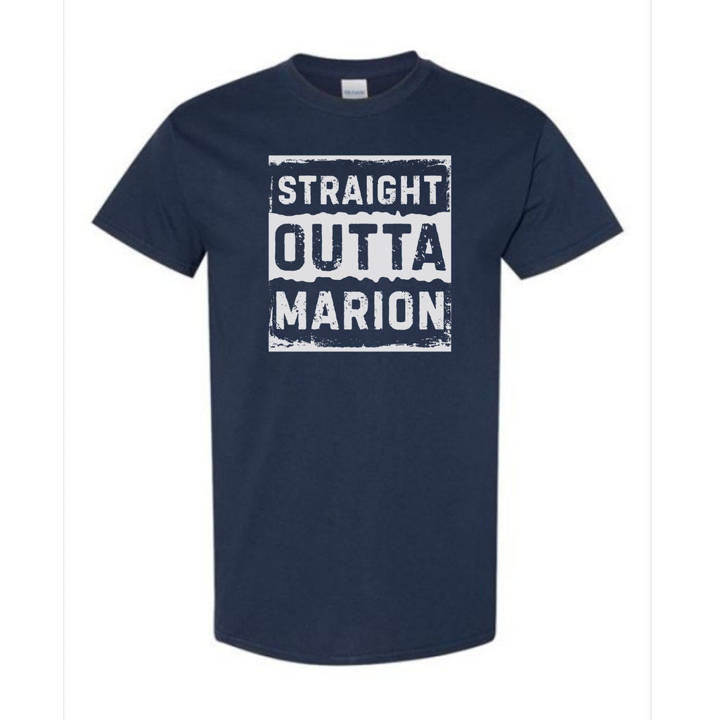 Straight Outta Marion Distressed Font Front Print T-Shirt