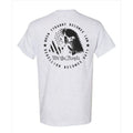 White t-shirt with black graphic and text on a white background