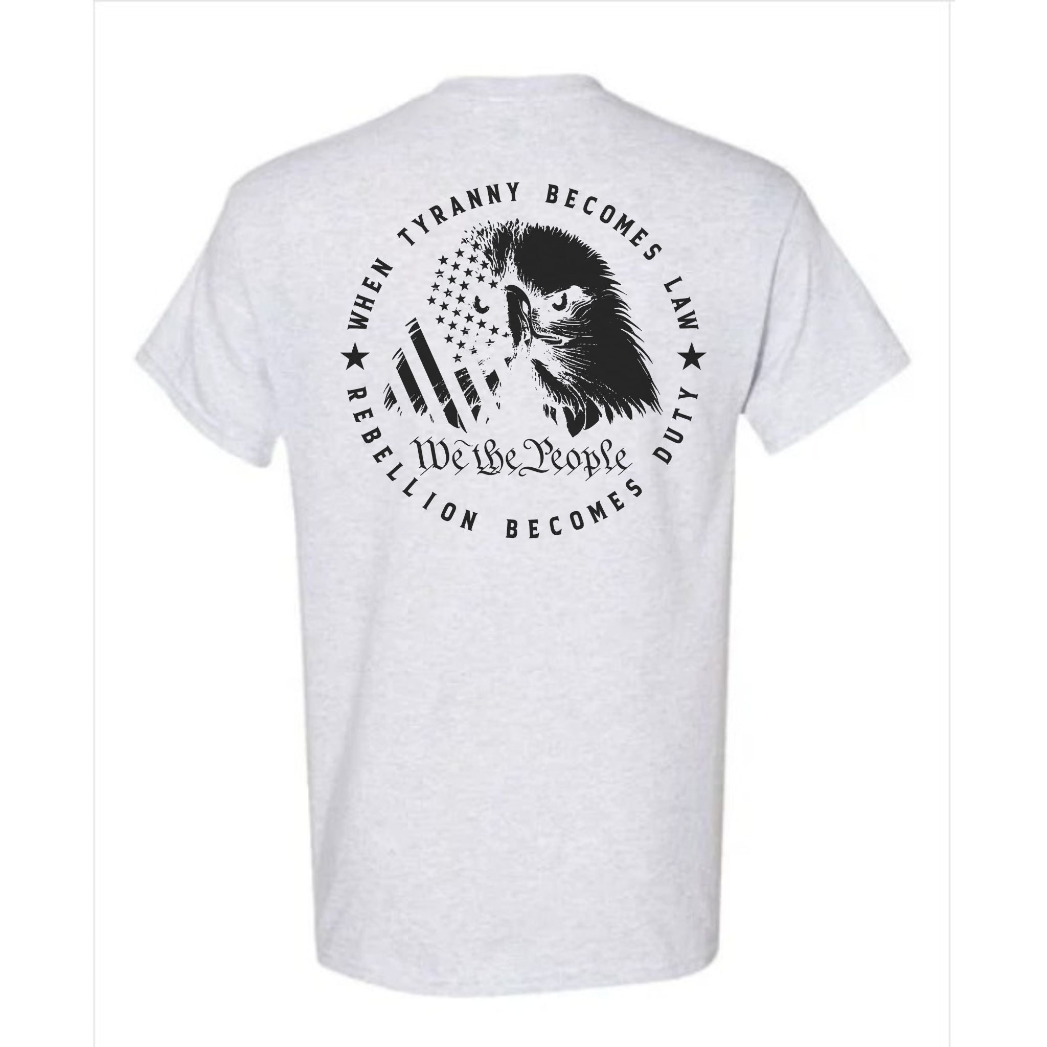White t-shirt with black graphic and text on a white background