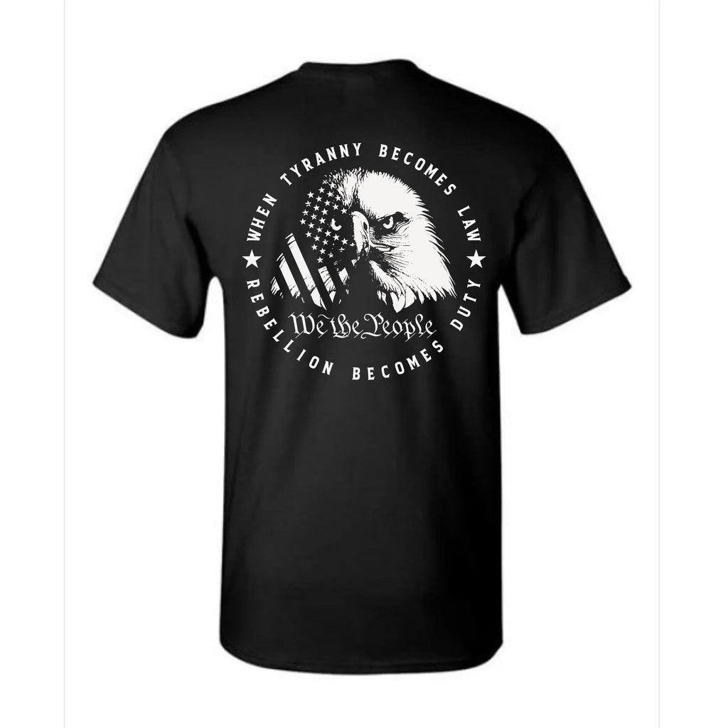Black t-shirt with white graphic design featuring an eagle and text on a white background