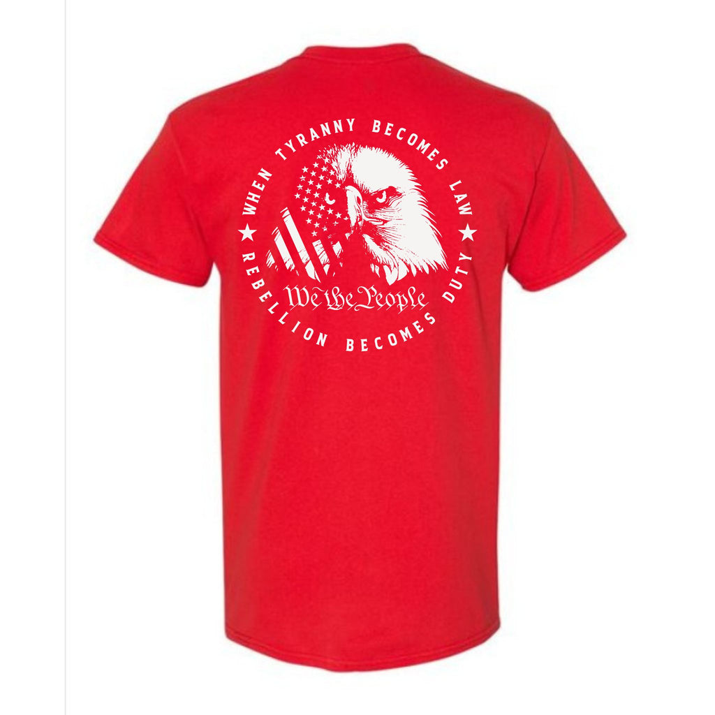Red t-shirt with white graphic and text on a white background